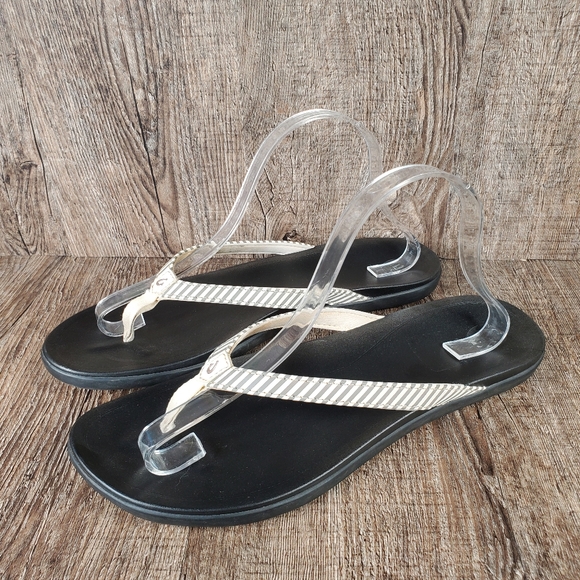 OluKai Ho’Opio Women's Size 11 Bone Stripe Gray Black Flip Flops Sandals - Picture 3 of 12